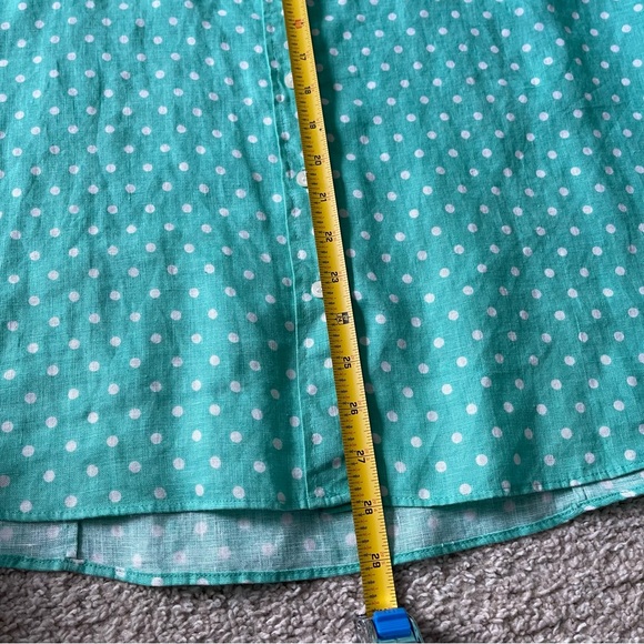 J Crew Green White Polka Dots 100% Linen Button Up Shirt Size XL Office Beach - Picture 6 of 8